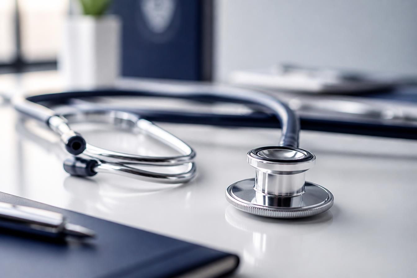A polished stethoscope on a clean medical desk representing clinical consultation