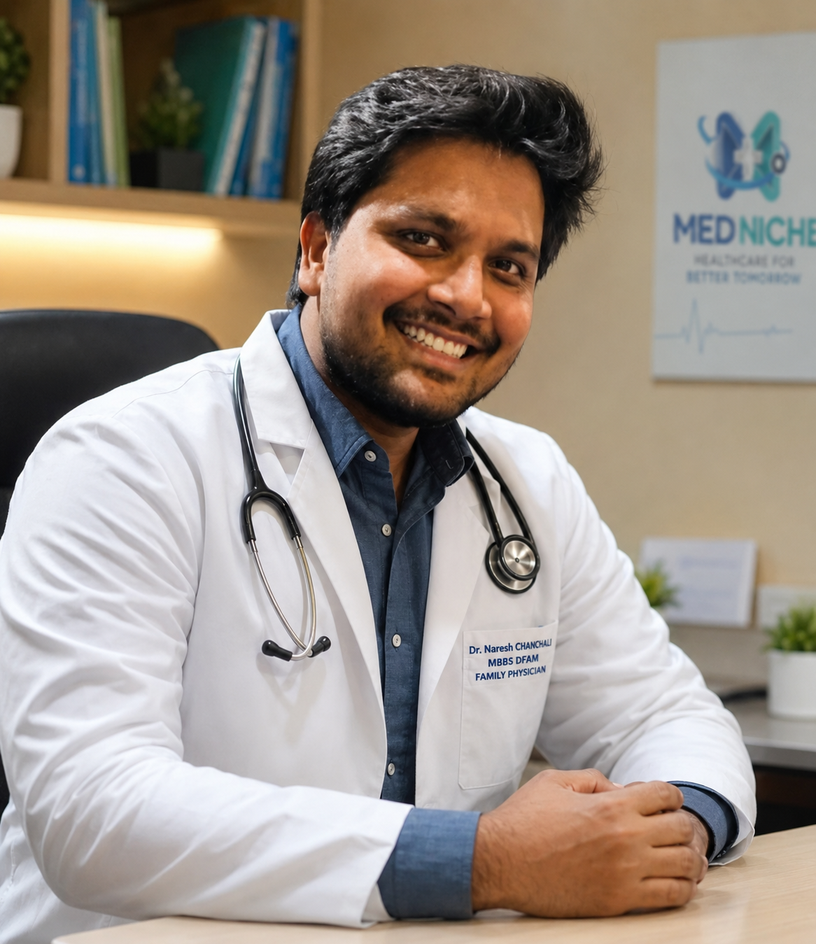 Dr. Naresh Chanchali, Consultant Family Physician, in a white coat with stethoscope