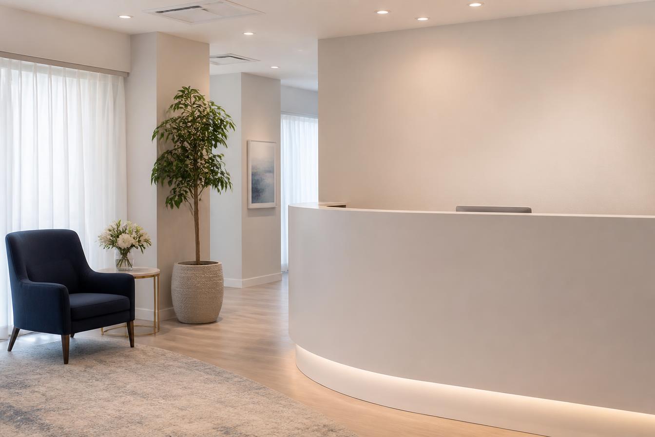 Warm modern clinic reception and waiting area