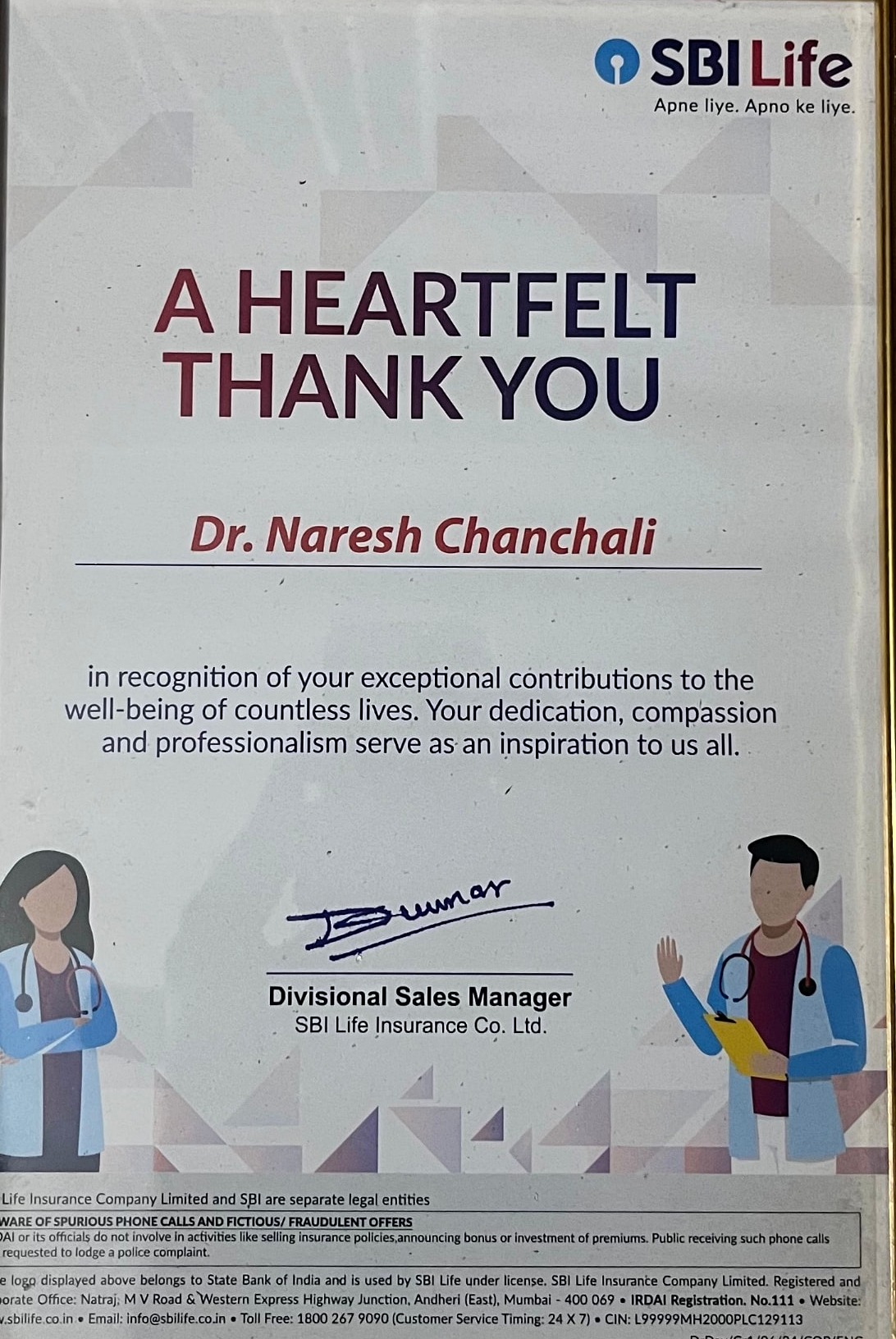 SBI Life certificate of appreciation for Dr. Naresh Chanchali