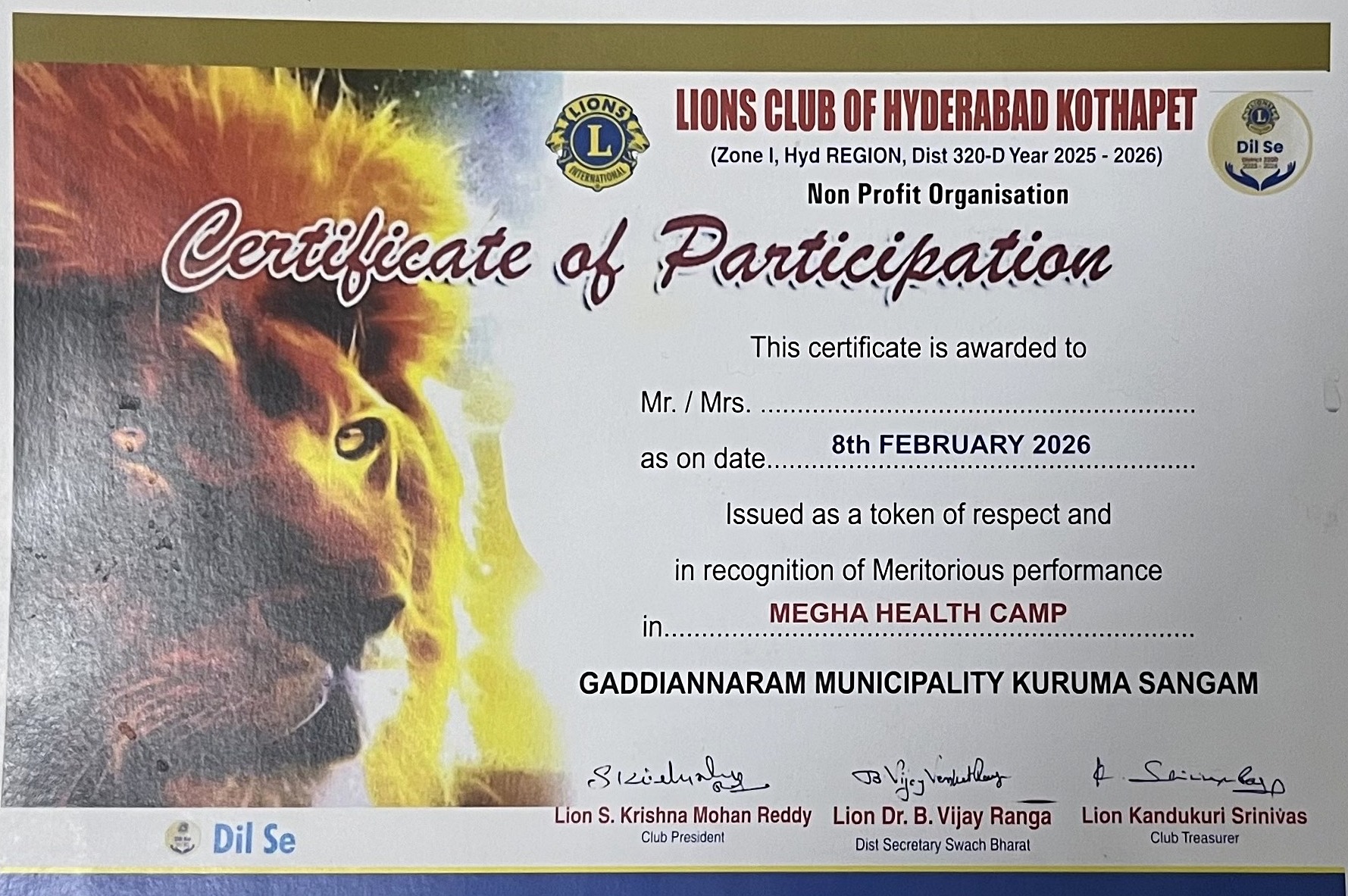 Lions Club of Hyderabad Kothapet certificate of participation for the Megha Health Camp